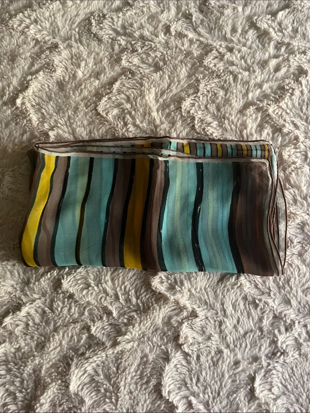 Burmel Striped  100% Silk Scarf in Aqua, Brown & Mustard